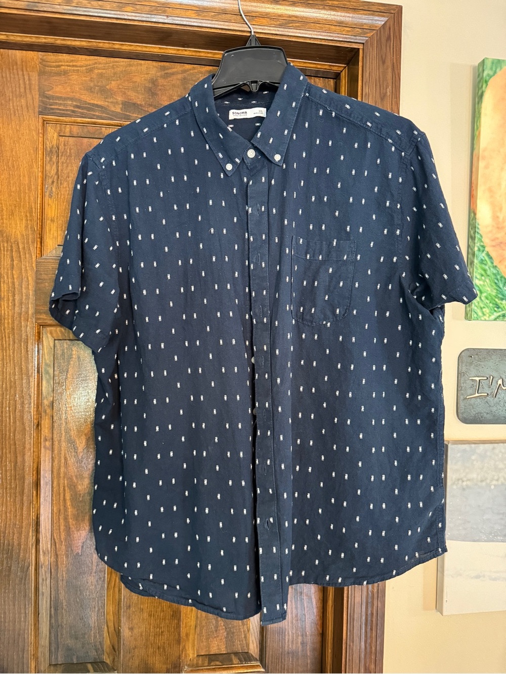 Sonoma Navy Short-Sleeve Button-Down Shirt with Small White Dot Print
